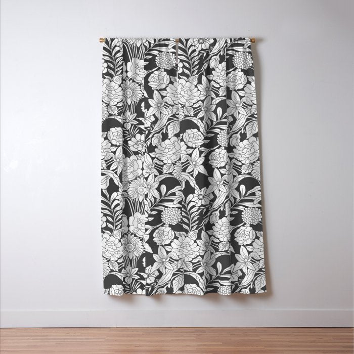 Vintage bohemian black white roses country floral Window Curtain Gallery Image 3