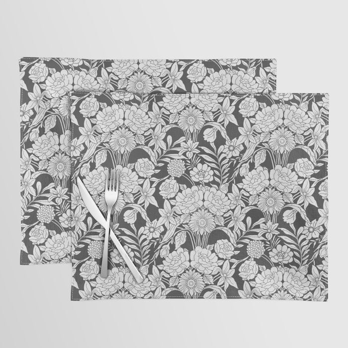 Vintage bohemian black white roses country floral Placemat Gallery Image 1