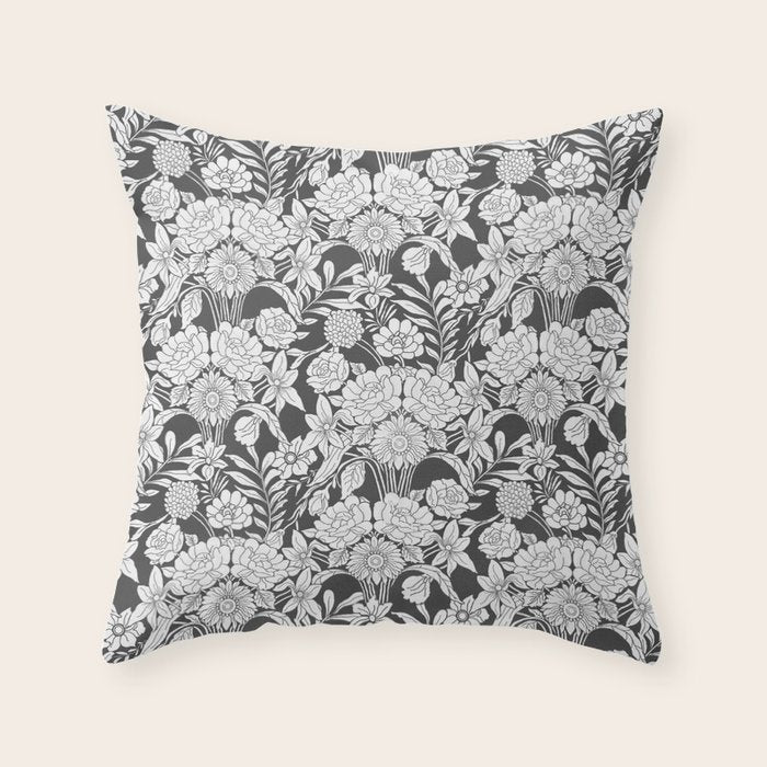 Vintage bohemian black white roses country floral Throw Pillow Gallery Image 1