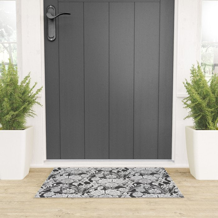 Vintage bohemian black white roses country floral Welcome Mat Gallery Image 3