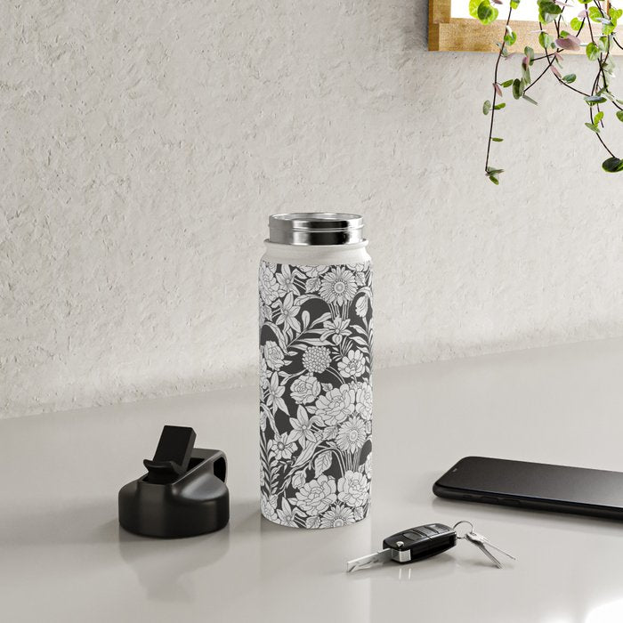 Vintage bohemian black white roses country floral Water Bottle Gallery Image 4