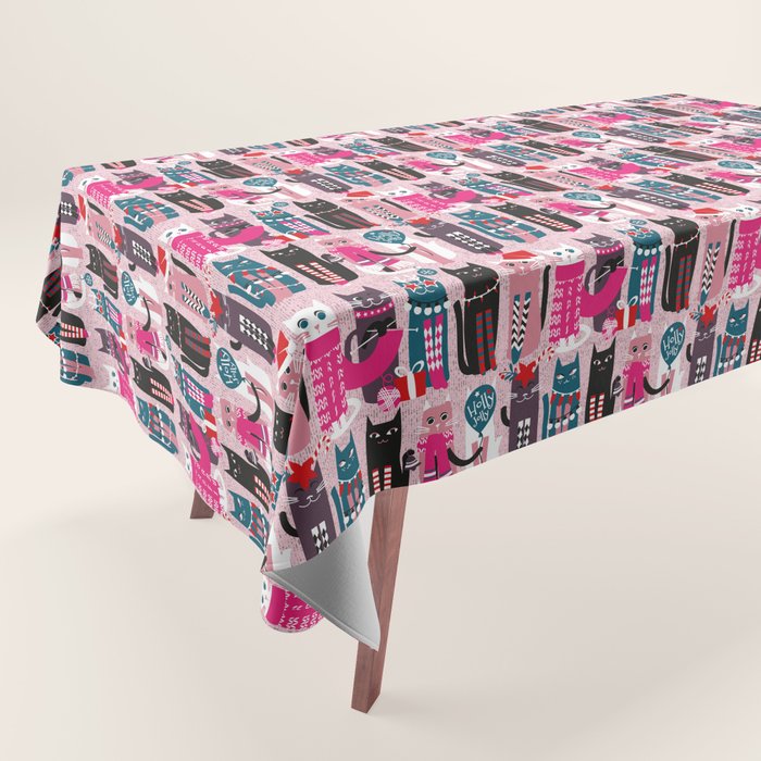 Feline Christmas vibes // pastel pink background green fuchsia pink white and black kittens Tablecloth Gallery Image 1
