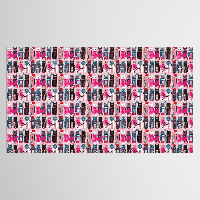 Feline Christmas vibes // pastel pink background green fuchsia pink white and black kittens Tablecloth Gallery Image 2