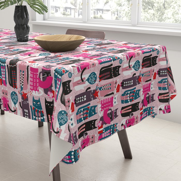Feline Christmas vibes // pastel pink background green fuchsia pink white and black kittens Tablecloth Gallery Image 3