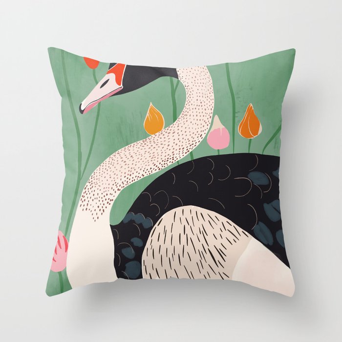 Swan in Flowers Throw Pillow Gallery Image 1