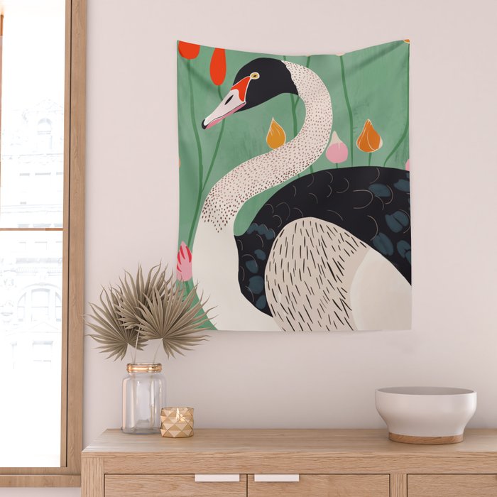 Swan in Flowers Wall Tapestry Gallery Image 2