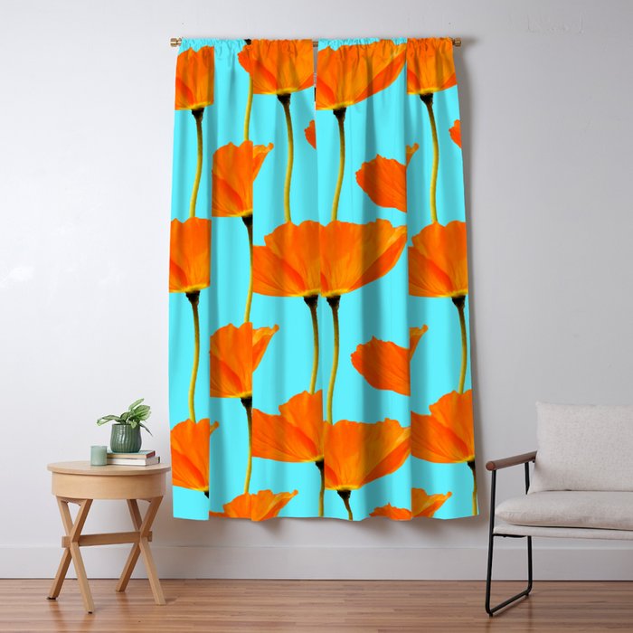 Poppies On A Turquoise Background #decor #society6 #buyart Window Curtain Gallery Image 1