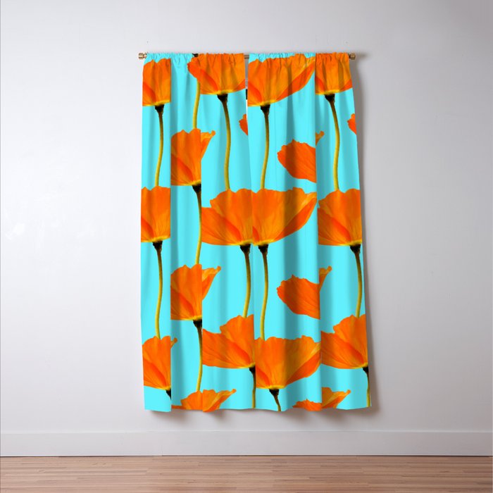 Poppies On A Turquoise Background #decor #society6 #buyart Window Curtain Gallery Image 3