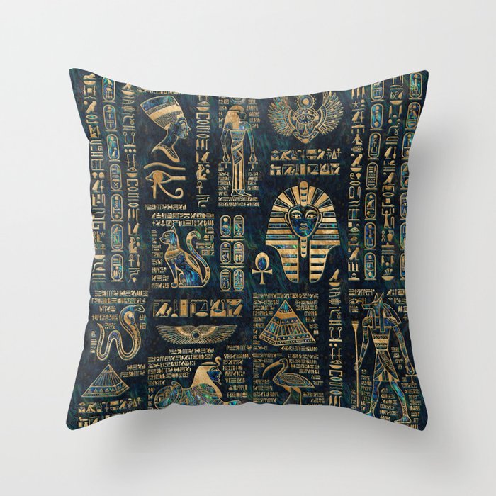 Egyptian hieroglyphs and deities -Abalone and gold Throw Pillow Gallery Image 6