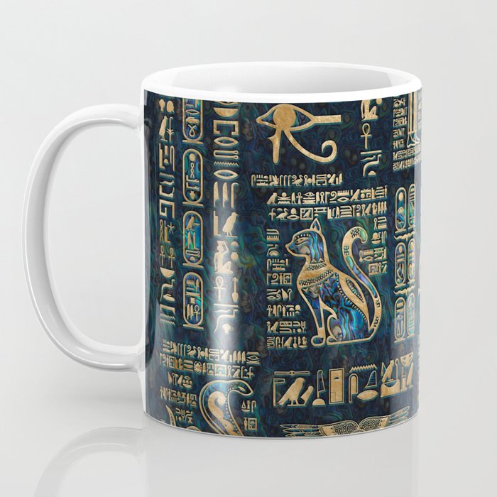 Egyptian hieroglyphs and deities -Abalone and gold Coffee Mug Gallery Image 3