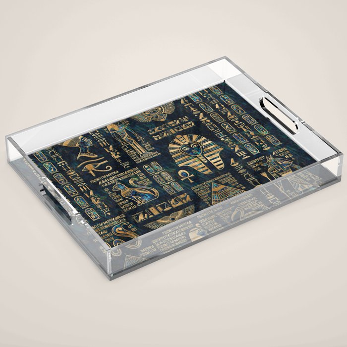 Egyptian hieroglyphs and deities -Abalone and gold Acrylic Tray Gallery Image 1
