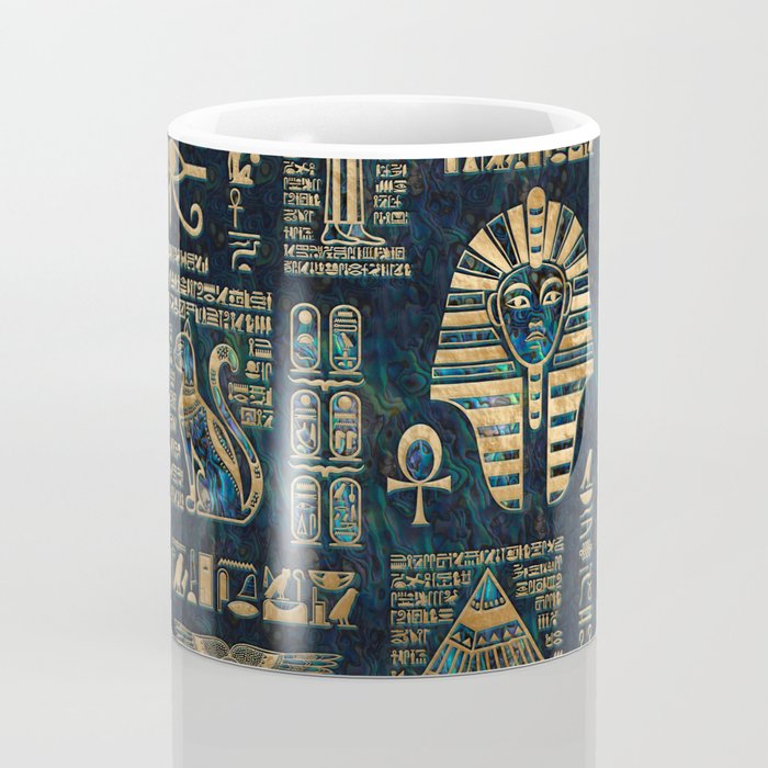 Egyptian hieroglyphs and deities -Abalone and gold Coffee Mug Gallery Image 4