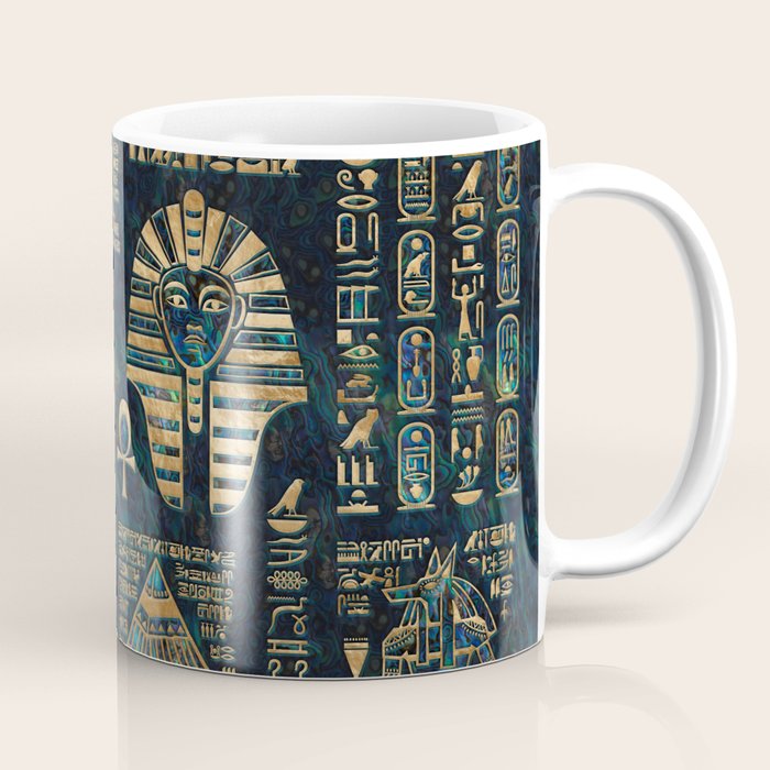 Egyptian hieroglyphs and deities -Abalone and gold Coffee Mug Gallery Image 1