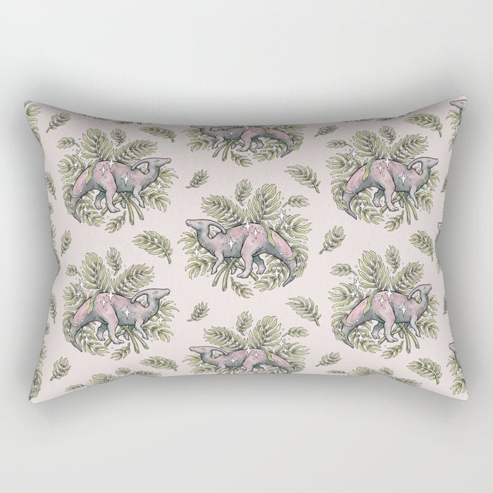 Parasaurolophus & Palms | Dinosaur Botanical Art Rectangular Pillow Gallery Image 2