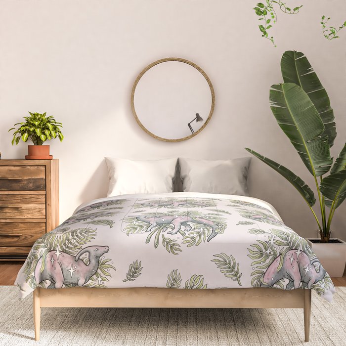 Parasaurolophus & Palms | Dinosaur Botanical Art Comforter Gallery Image 3