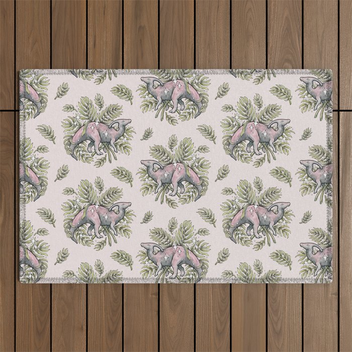 Parasaurolophus & Palms | Dinosaur Botanical Art Outdoor Rug Gallery Image 1