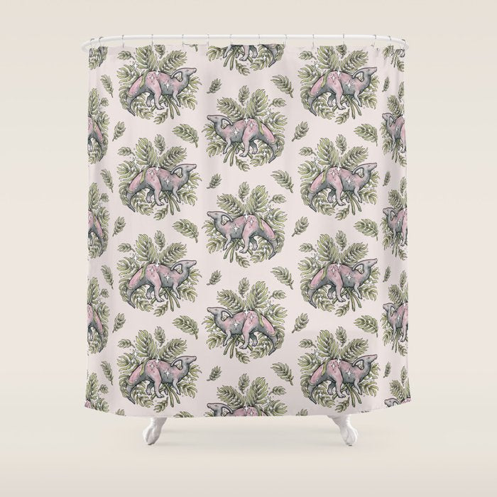 Parasaurolophus & Palms | Dinosaur Botanical Art Shower Curtain Gallery Image 1