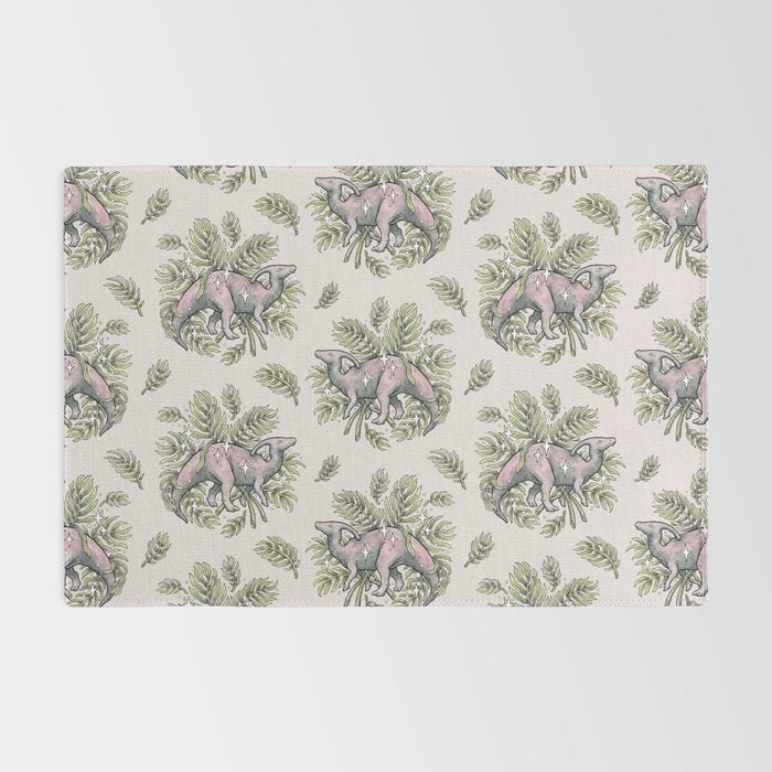 Parasaurolophus & Palms | Dinosaur Botanical Art Rug Gallery Image 2