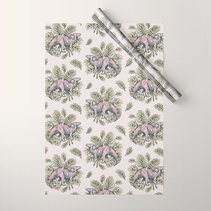 Parasaurolophus & Palms | Dinosaur Botanical Art Wrapping Paper Gallery Image 1