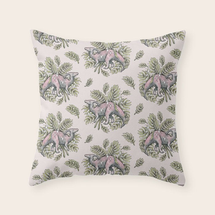 Parasaurolophus & Palms | Dinosaur Botanical Art Throw Pillow Gallery Image 6