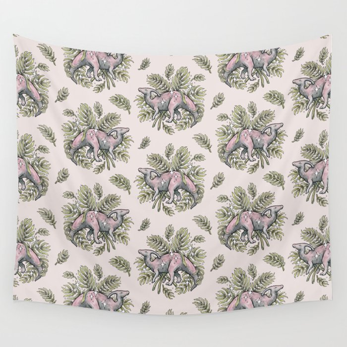 Parasaurolophus & Palms | Dinosaur Botanical Art Wall Tapestry Gallery Image 1