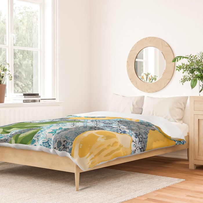 Juicy Lemons on Blue Moroccan Tiles Duvet Cover Gallery Image 2