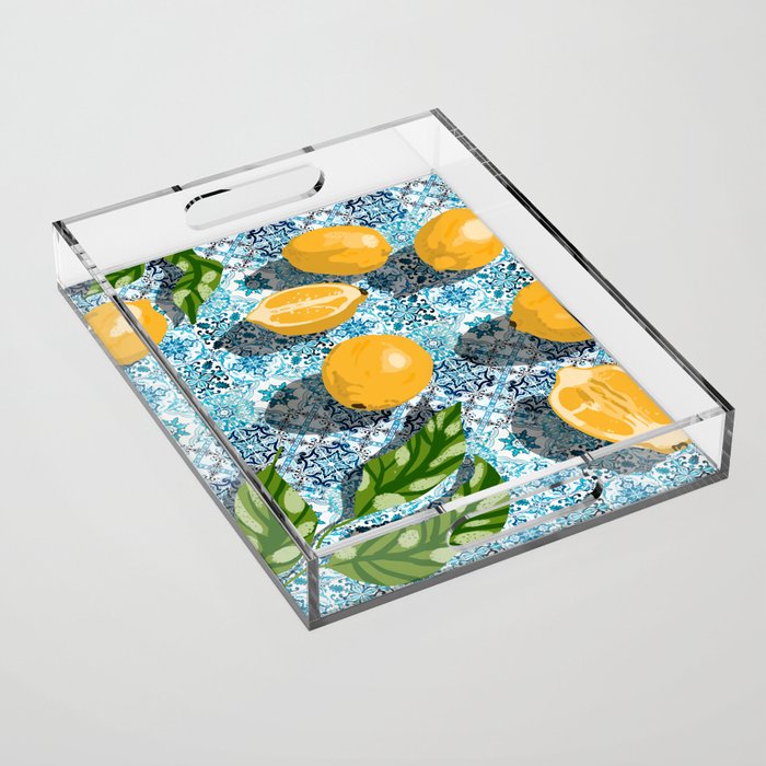 Juicy Lemons on Blue Moroccan Tiles Acrylic Tray Gallery Image 1