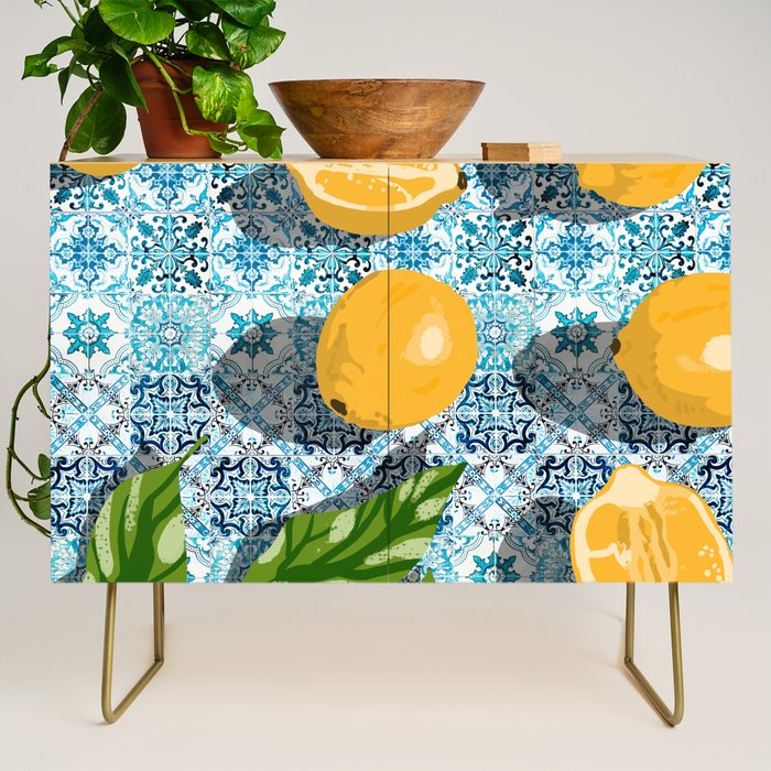 Juicy Lemons on Blue Moroccan Tiles Credenza Gallery Image 1