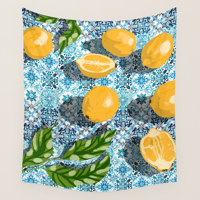 Juicy Lemons on Blue Moroccan Tiles Wall Tapestry Gallery Image 4