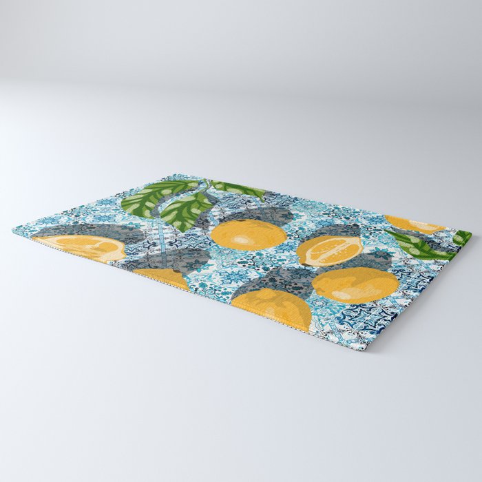 Juicy Lemons on Blue Moroccan Tiles Rug Gallery Image 3