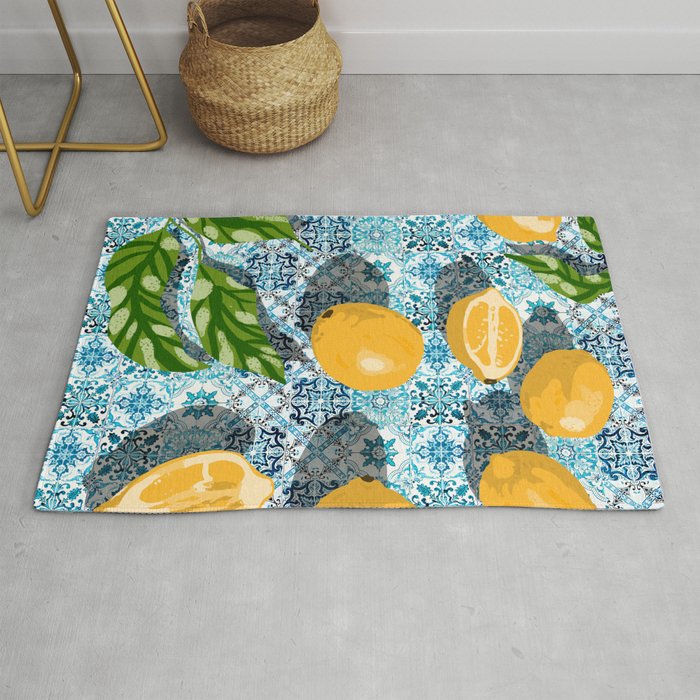 Juicy Lemons on Blue Moroccan Tiles Rug Gallery Image 1