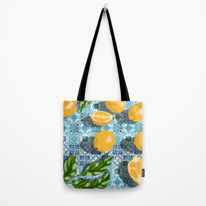 Juicy Lemons on Blue Moroccan Tiles Tote Bag Gallery Image 2