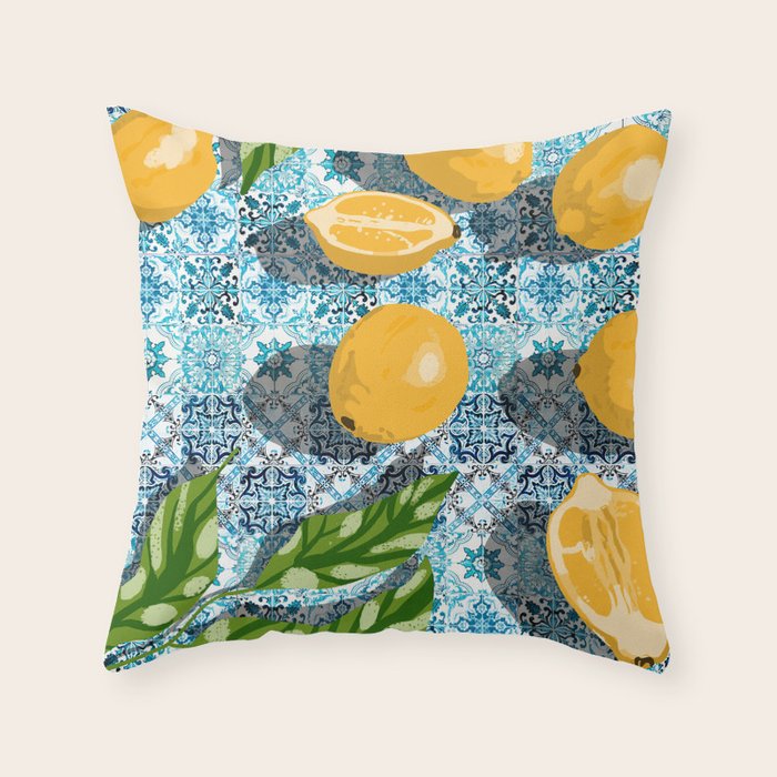 Juicy Lemons on Blue Moroccan Tiles Throw Pillow Gallery Image 6