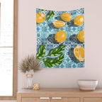 Juicy Lemons on Blue Moroccan Tiles Wall Tapestry Gallery Image 2