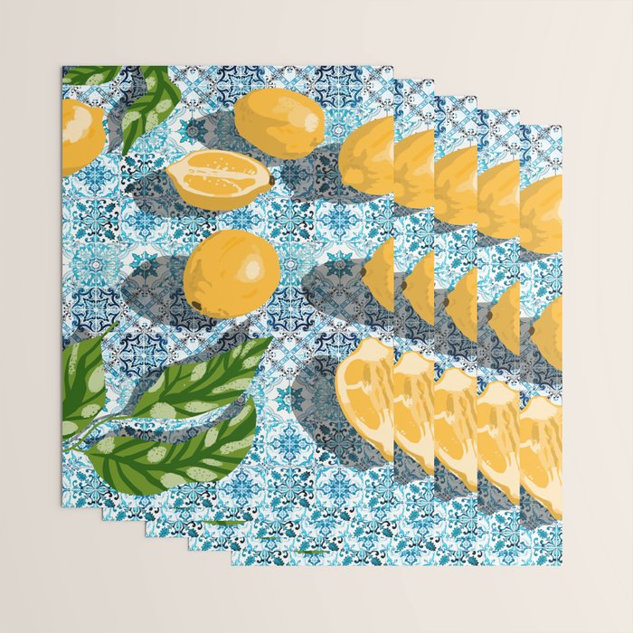 Juicy Lemons on Blue Moroccan Tiles Wrapping Paper Gallery Image 3
