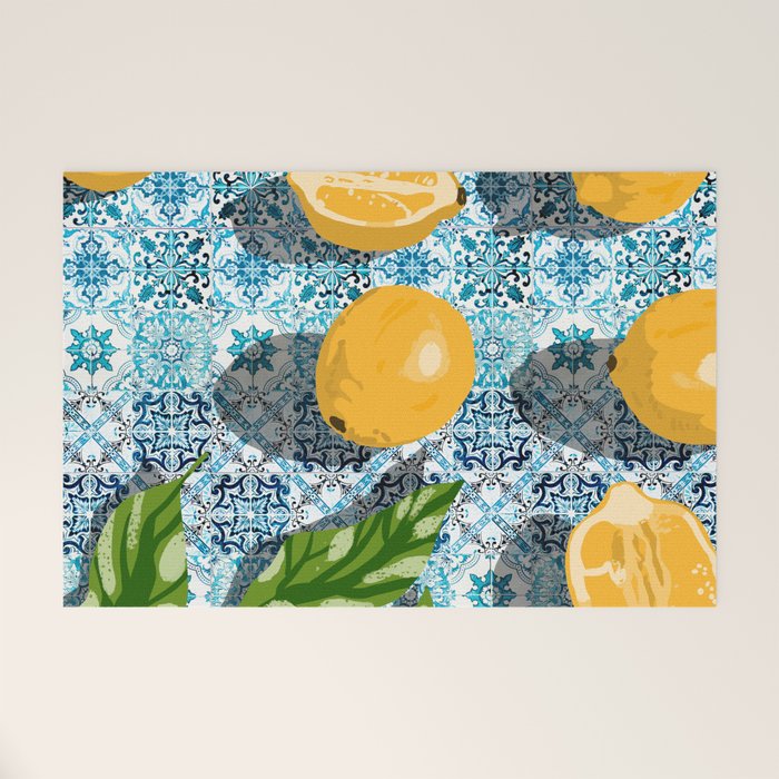 Juicy Lemons on Blue Moroccan Tiles Welcome Mat Gallery Image 1
