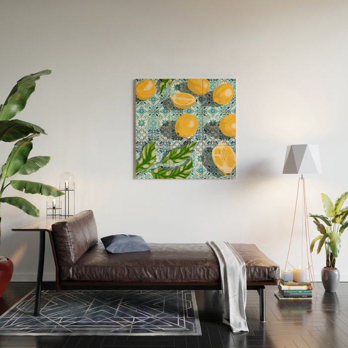 Juicy Lemons on Blue Moroccan Tiles Wood Wall Art Gallery Image 2