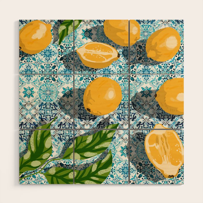Juicy Lemons on Blue Moroccan Tiles Wood Wall Art Gallery Image 1
