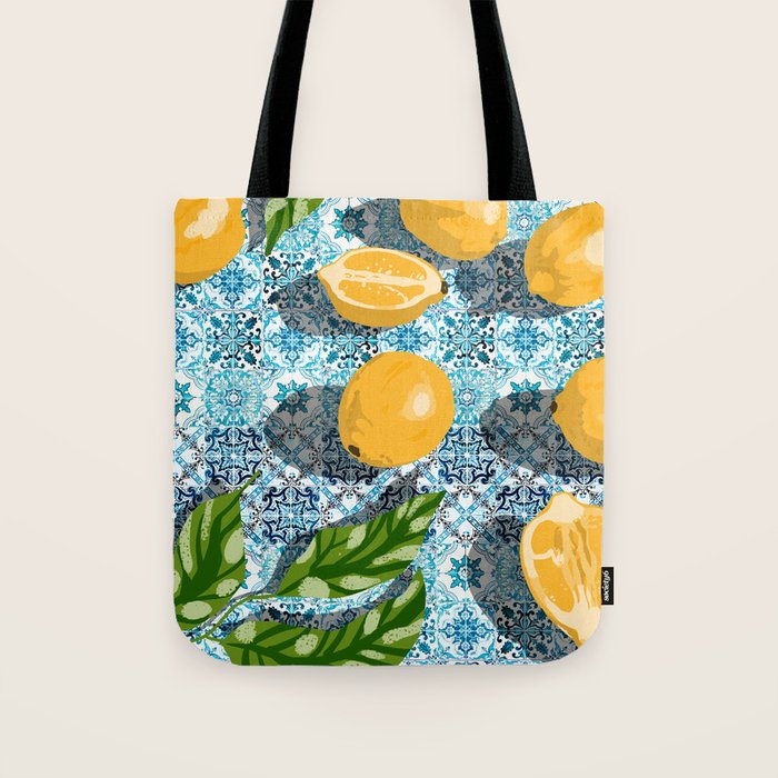Juicy Lemons on Blue Moroccan Tiles Tote Bag Gallery Image 1