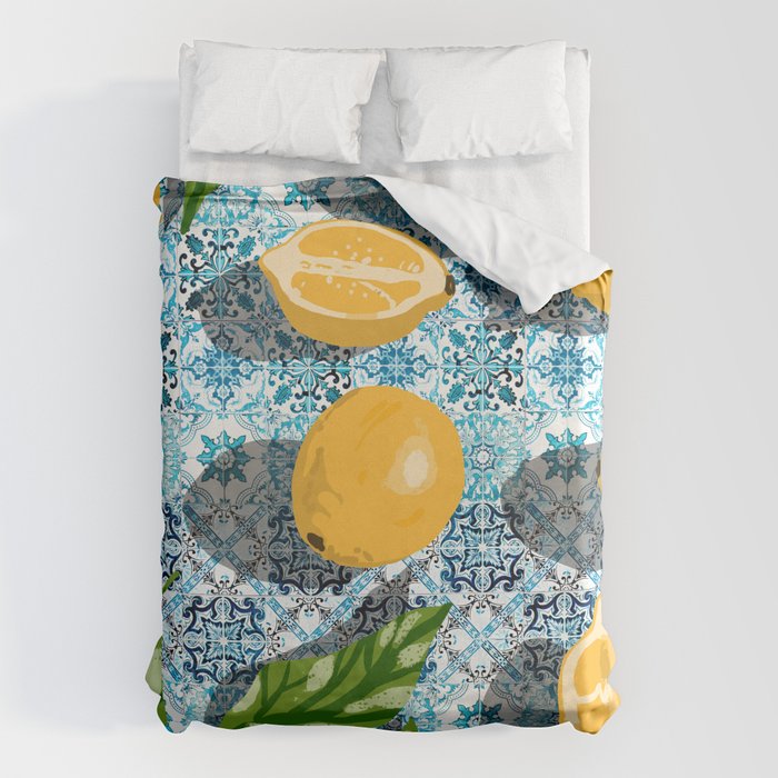 Juicy Lemons on Blue Moroccan Tiles Duvet Cover Gallery Image 6