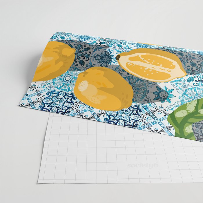 Juicy Lemons on Blue Moroccan Tiles Wrapping Paper Gallery Image 2
