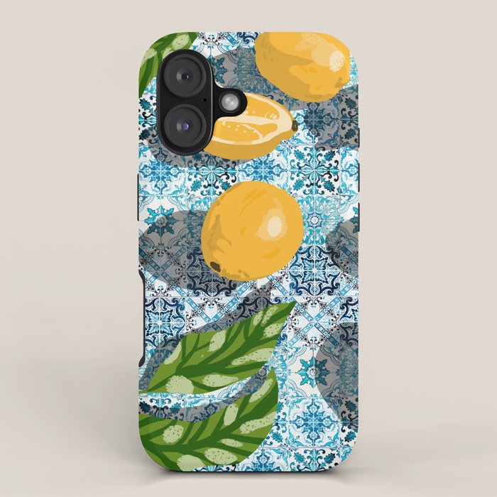Juicy Lemons on Blue Moroccan Tiles iPhone Case Gallery Image 1
