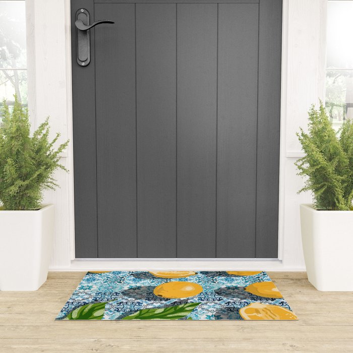 Juicy Lemons on Blue Moroccan Tiles Welcome Mat Gallery Image 3