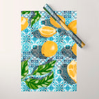 Juicy Lemons on Blue Moroccan Tiles Wrapping Paper Gallery Image 1