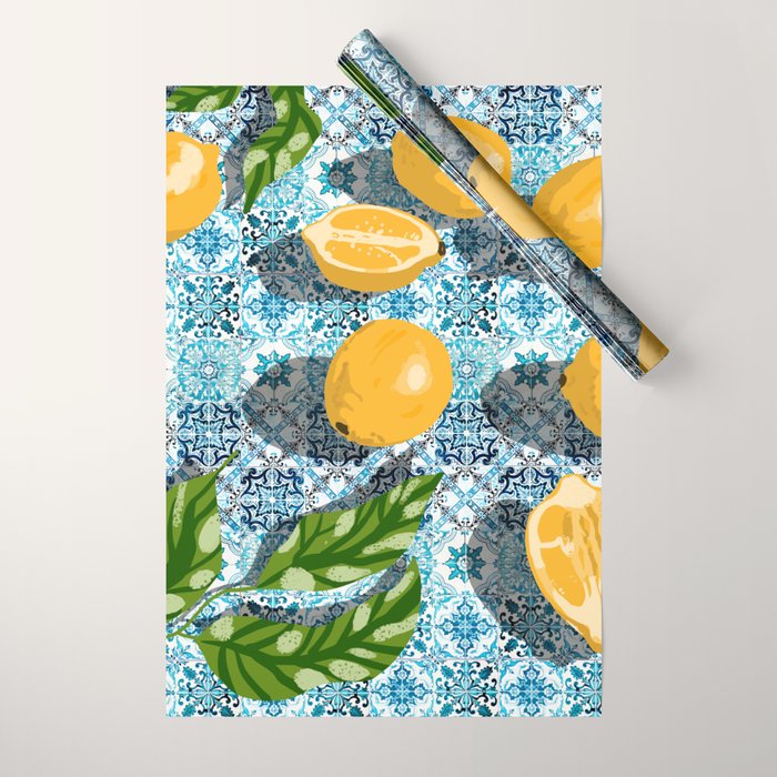 Juicy Lemons on Blue Moroccan Tiles Wrapping Paper Gallery Image 1