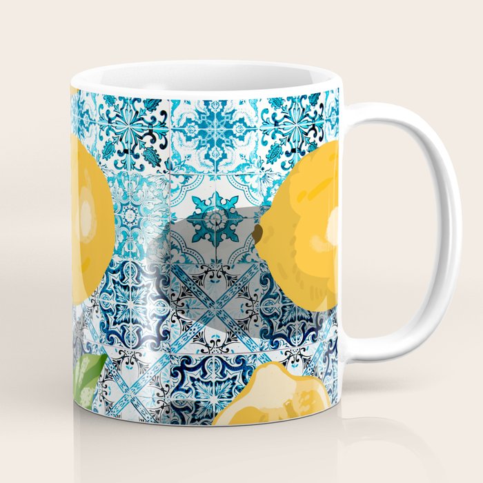 Juicy Lemons on Blue Moroccan Tiles Coffee Mug Gallery Image 1
