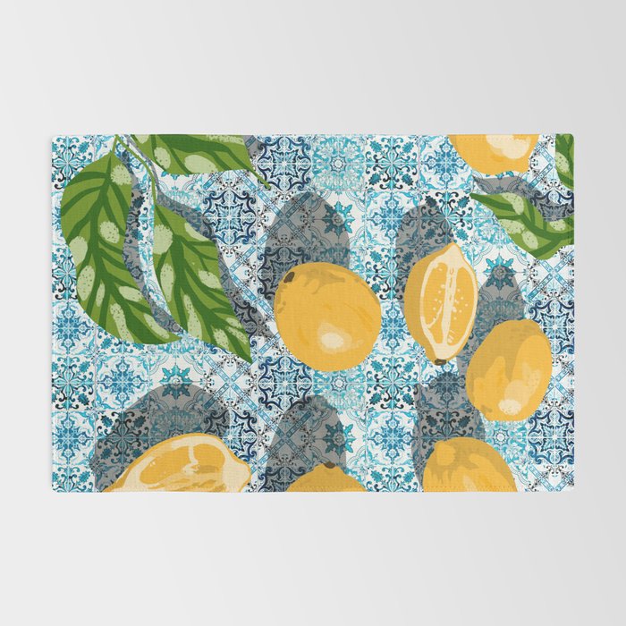Juicy Lemons on Blue Moroccan Tiles Rug Gallery Image 2