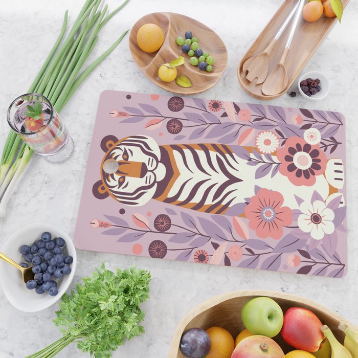 Serene Tiger in Blooming Garden - Pastel Floral Illustration Cutting Board Gallery Image 2