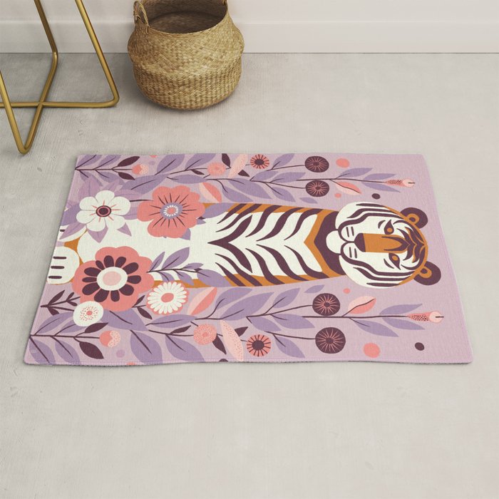 Serene Tiger in Blooming Garden - Pastel Floral Illustration Rug Gallery Image 1