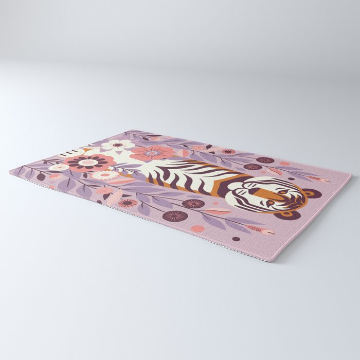 Serene Tiger in Blooming Garden - Pastel Floral Illustration Rug Gallery Image 3